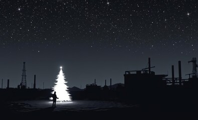 A lone figure stands before a christmas tree illuminated in a bleak industrial wasteland under a starry night sky christmas tree silhouette Illustration 