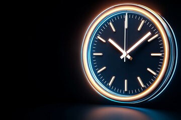 Neon light clock on dark background with glowing hands and time markers