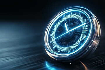 Futuristic blue neon clock with luminous dial on wooden surface
