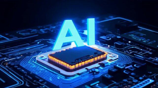 AI Glowing on Circuitry:  A glowing blue AI logo stands above a CPU chip, signifying the power and promise of artificial intelligence in a futuristic setting.  