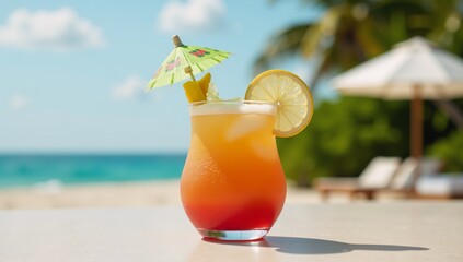 Tropical cocktail featuring an umbrella and lemon slice