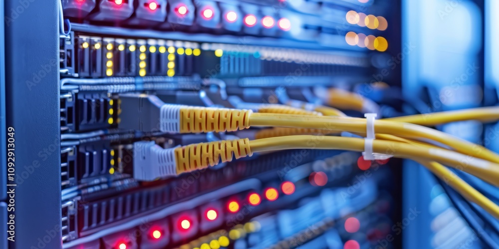 Poster detailed view of network servers with cables and flashing lights in a data center