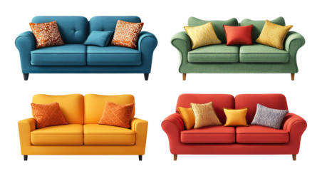 Set of colorful fabric sofas with pillows, isolated on transparent cutout background