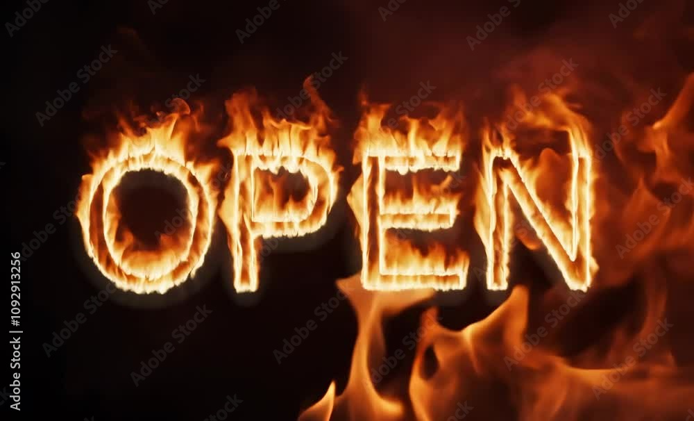 Poster glowing flames form word open, creating warm and inviting atmosphere against dark background with br