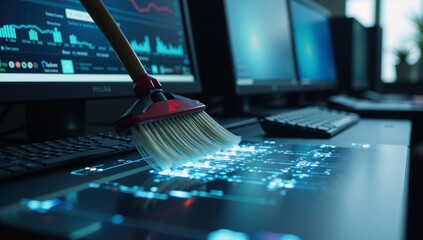 Digital art depicting a broom sweeping virtual data to illustrate data clean up and digital hygiene within a futuristic cybersecurity landscape