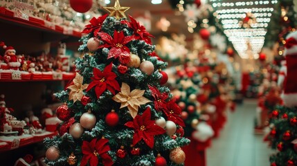 Fototapeta premium A beautifully decorated Christmas tree stands in a store, adorned with sparkling ornaments, twinkling lights, and festive garlands, creating a warm holiday atmosphere.