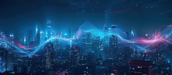 Obraz premium Digital sound waves form the silhouette of Taiwan's skyline.
