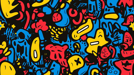 Obraz premium Vibrant graffiti style seamless pattern with abstract characters in primary colors