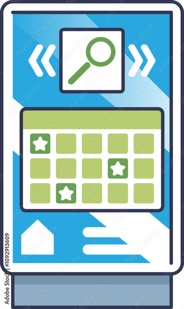 Poster digital kiosk with search icon and grid, symbolizing community information access.