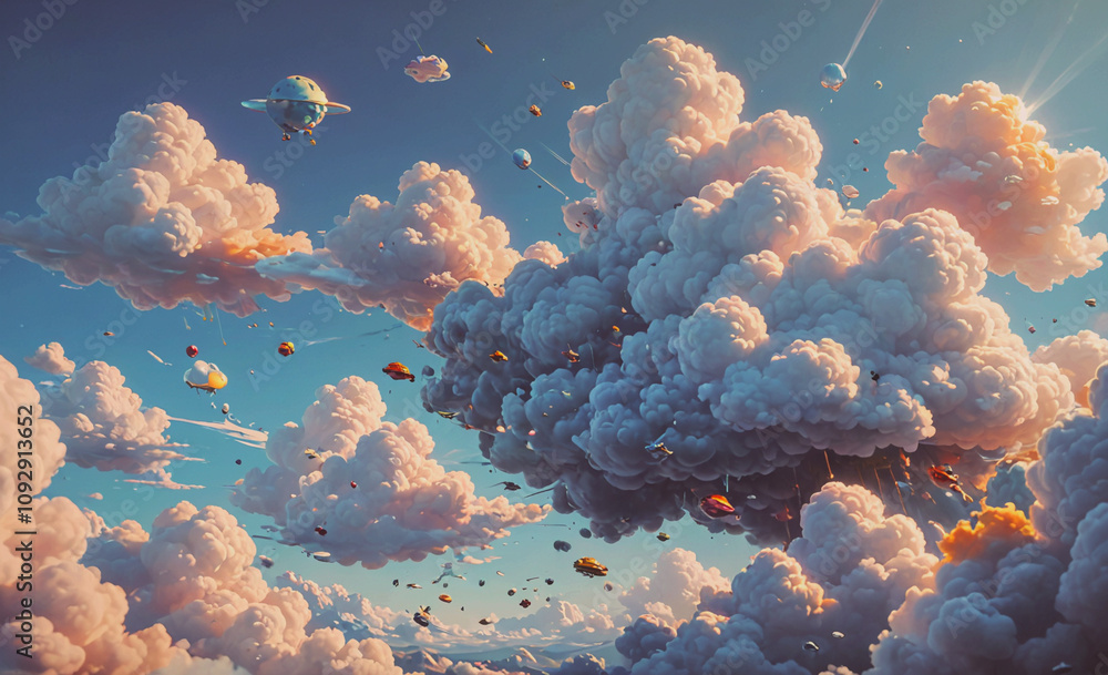 Poster the sky is filled with fluffy white clouds, and a small airplane is flying through them. the airplan