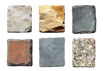 Set of square stone signboards with rough texture, isolated on transparent cutout background