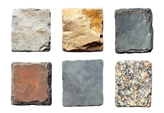 Set of square stone signboards with rough texture, isolated on transparent cutout background