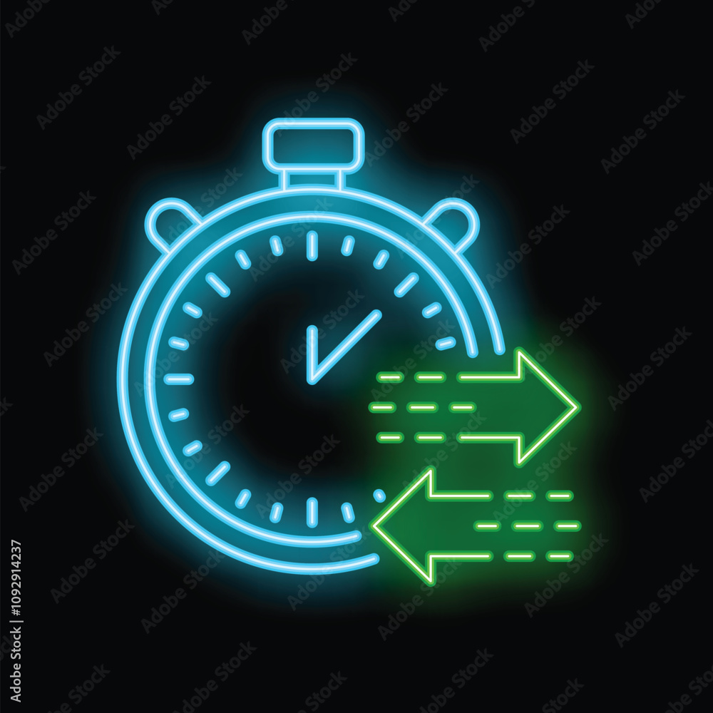 Poster neon style icon of a stopwatch with arrows showing time passing, ideal for concepts related to time 