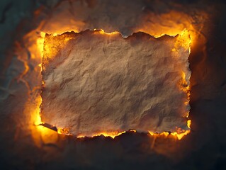 A textured piece of parchment is framed by glowing, fiery edges, creating a dramatic contrast against a dark background.