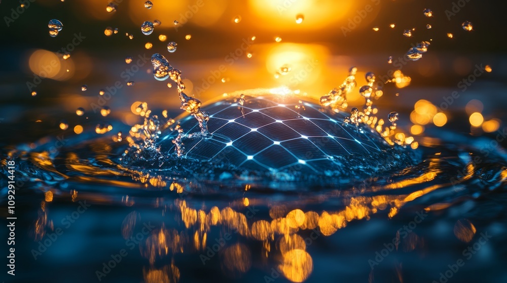 Poster a close-up view of water droplets splashing, creating a mesmerizing pattern against a sunset backdro