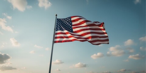 Fototapeta premium American Flag Waving Patriotic Symbol USA Sky Background