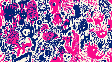 Naklejka premium Pink and blue creature seamless pattern in expressive style