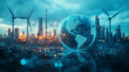 A digital globe overlaid with data, set against an industrial backdrop with wind turbines.