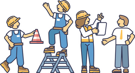 Engineers collaborating on-site with tools and safety gear, symbolizing teamwork and construction.