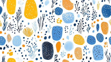 Scandinavian style floral seamless pattern with blue and yellow spots