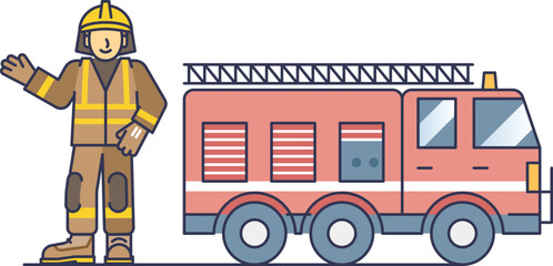 Naklejka premium Illustration of a firefighter waving beside a fire truck, symbolizing readiness and safety.