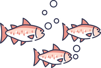 Three cartoon fish swimming with bubbles, symbolizing aquatic life.