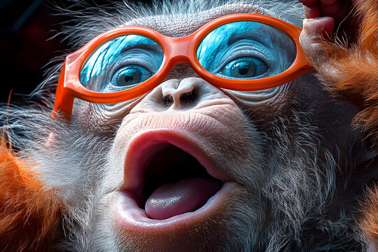 Lustiger Affe mit orangefarbener Brille und &uuml;berraschtem Gesichtsausdruck