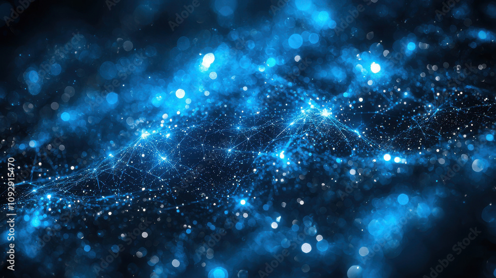 Poster mesmerizing blue abstract background filled with glowing particles and light orbs, creating sense of