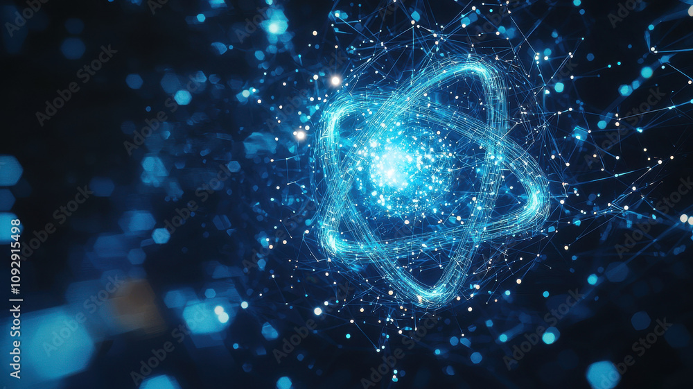 Poster glowing atomic icon with dynamic light orbits, representing energy and science. this vibrant digital