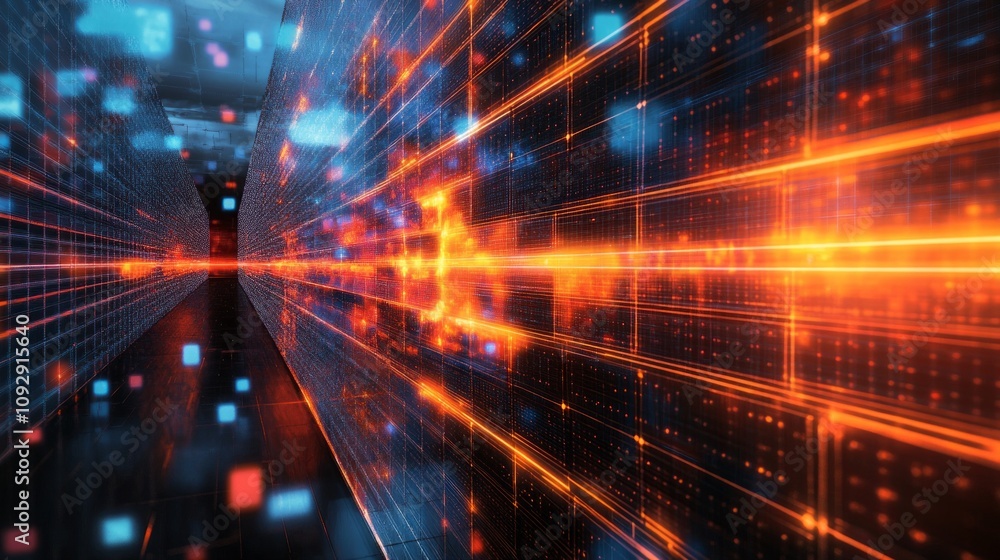 Poster a futuristic digital tunnel with glowing data streams and vibrant colors.