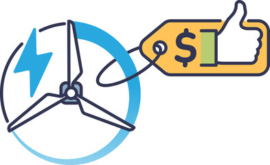 Wind turbine with cost-effective energy symbol and thumbs-up.