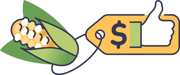 Corn with a price tag and thumbs up symbolizes affordable, quality produce.