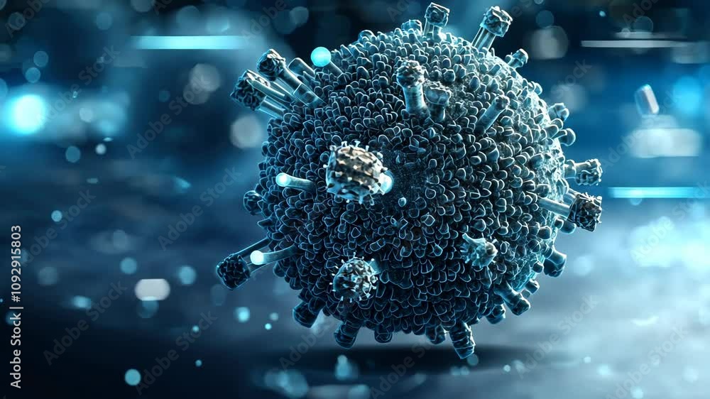 Poster abstract nanotechnology illustration featuring a detailed virus structure with dynamic background el