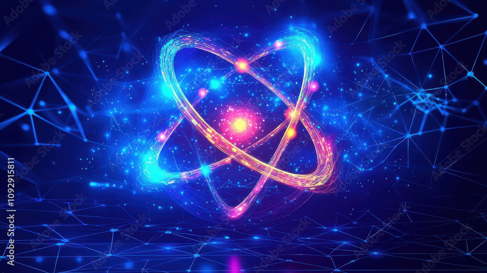Poster abstract cosmic atom design with glowing light orbit, showcasing vibrant colors and intricate patter