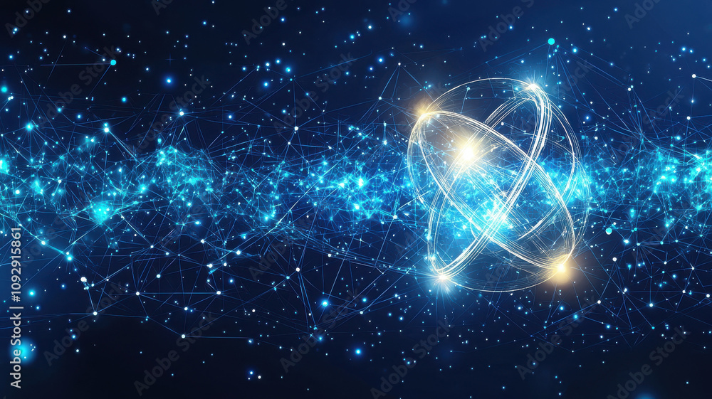Aufkleber abstract cosmic atom design with glowing light orbits, showcasing vibrant blue background filled wit