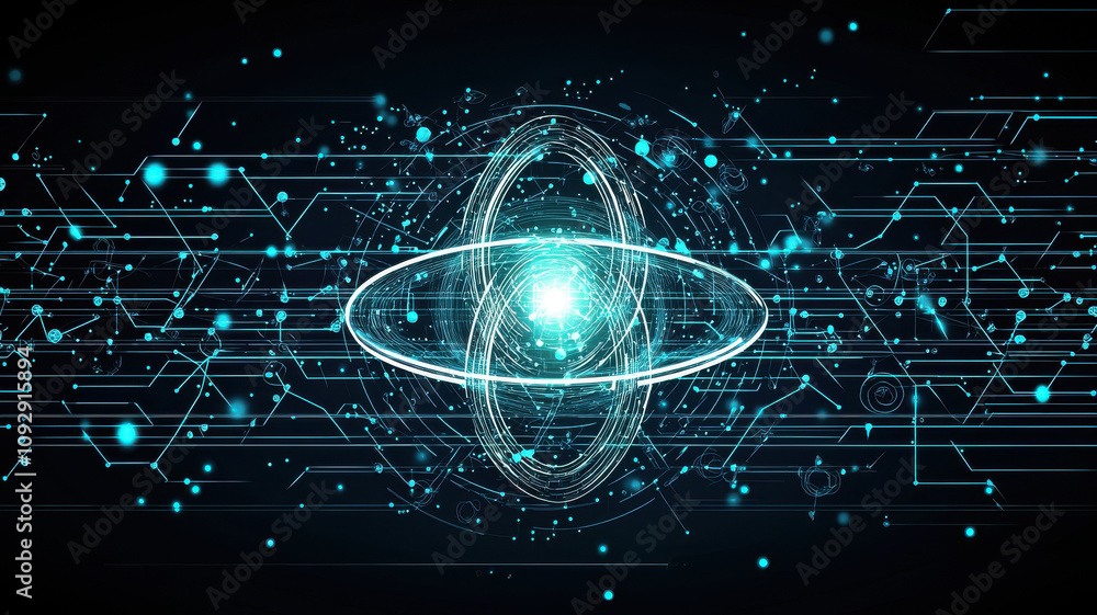 Aufkleber abstract cosmic atom icon glowing with bright light, surrounded by digital elements and lines, creat