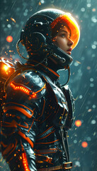 Female astronaut in black suit, bright orange flame of fire reflected in helmet, dark background with orange bokeh, fantasy and adventure world
