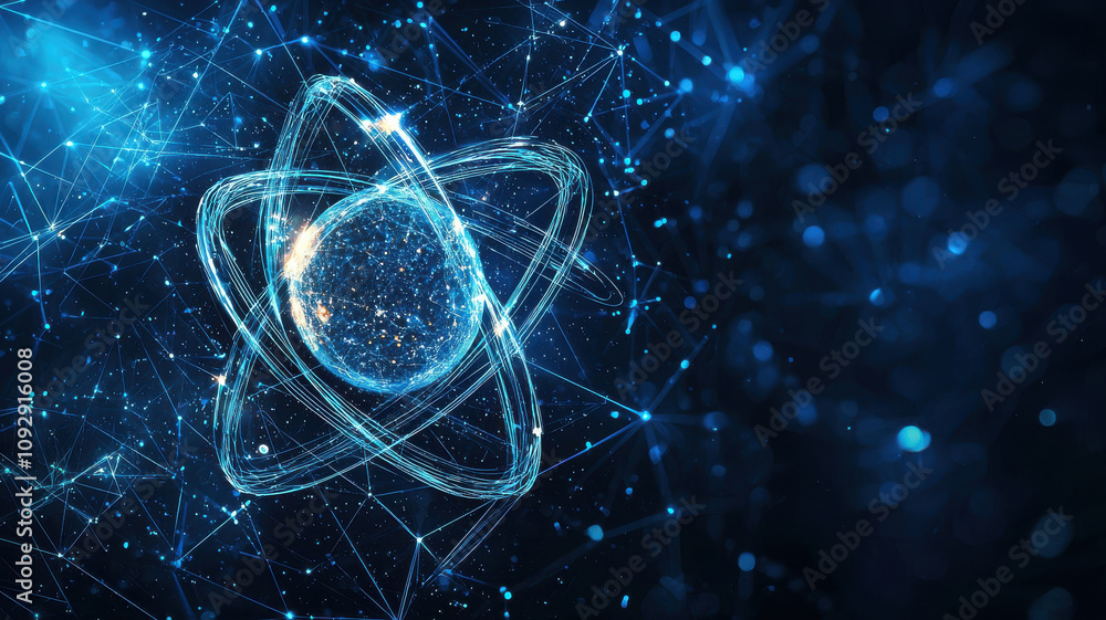 Poster bright abstract atom symbol with radiant orbits and glowing particles, representing essence of scien