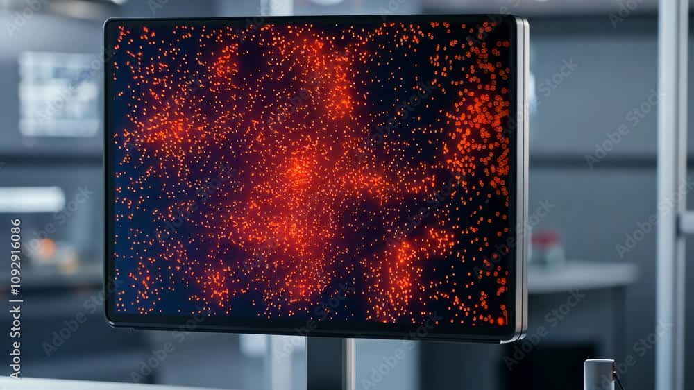 Poster abstract digital display with orange particles on dark background, representing technology and innov