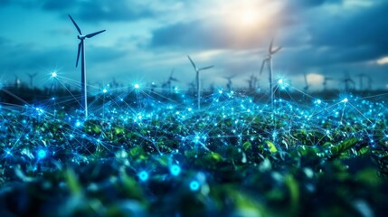 A futuristic landscape with wind turbines and interconnected digital plants.