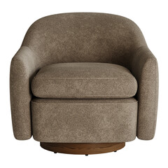 A brown chair with a brown cushion sits on a white background