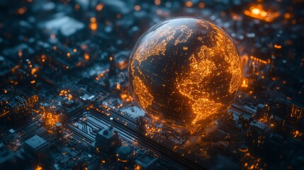 A glowing digital globe over a cityscape, symbolizing technology and connectivity.