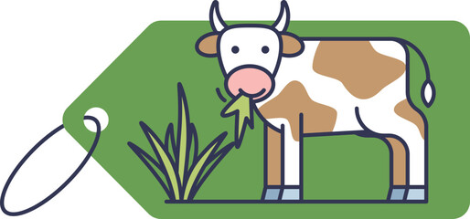 Illustration of a cow eating grass on a green tag, symbolizing grass-fed beef labeling.