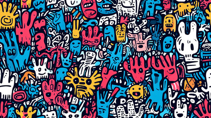 Playful hands seamless pattern in vibrant colors with character elements