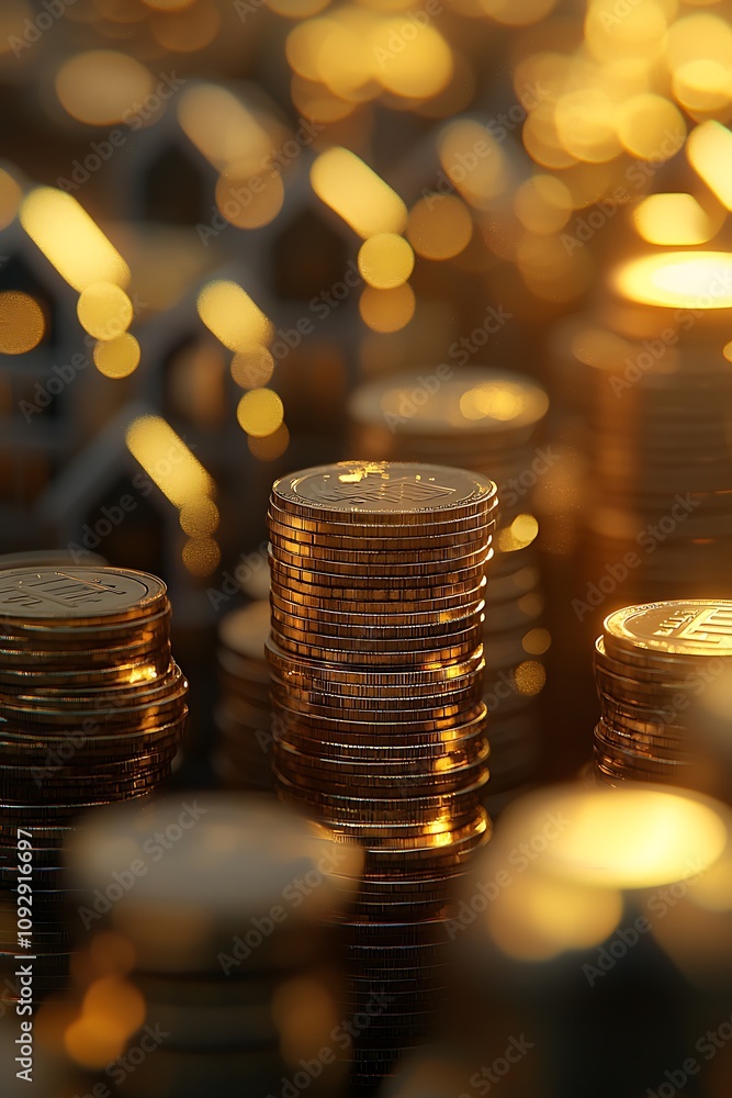 Poster a close-up image of stacked coins illuminated by warm light, creating a bokeh effect with glistening