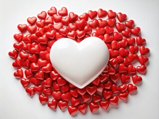 Aerial perspective of red hearts encircling a central white heart, offering ample copy space on a transparent backdrop. Perfect for romantic themes and creative projects.