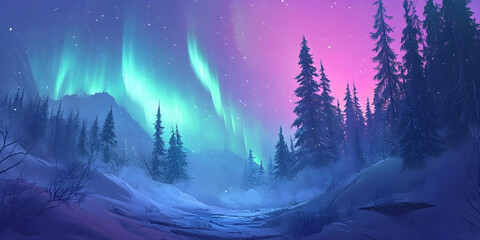 Snowy forest against pink and blue aurora borealis in the night sky.  Concept of aurora borealis.