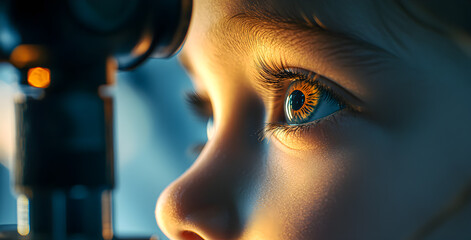 Close-up of a child's eye with eye examination apparatus. A child who is having his eyes examined by a doctor at a clinic to check his eyesight. The concept of vision screening for children. .