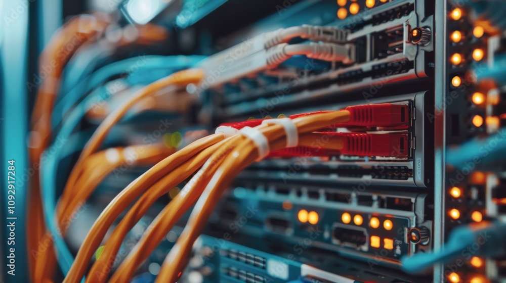 Poster detailed view of network servers with cables and flashing lights in a data center
