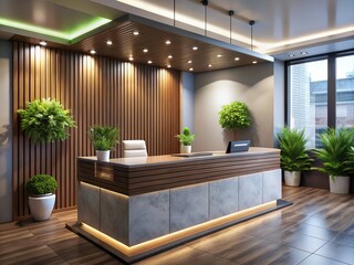 Fototapeta premium Modern Office Front Desk Design: A Sleek and Functional Reception Area with Stylish Furniture, Professional Lighting, and Organized Workspace Elements for a Welcoming Atmosphere
